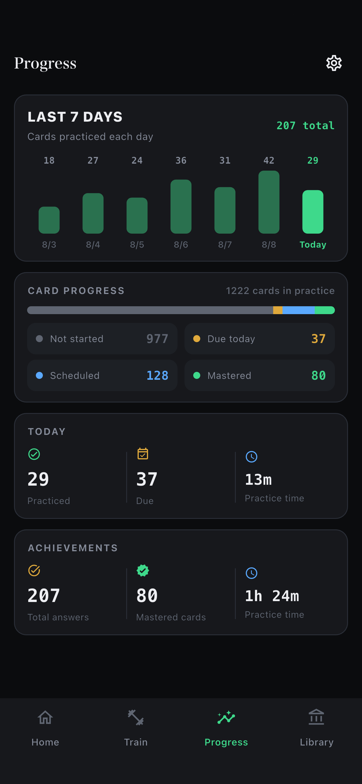 Tokkun progress dashboard showing seven-day activity, card progress, and achievements