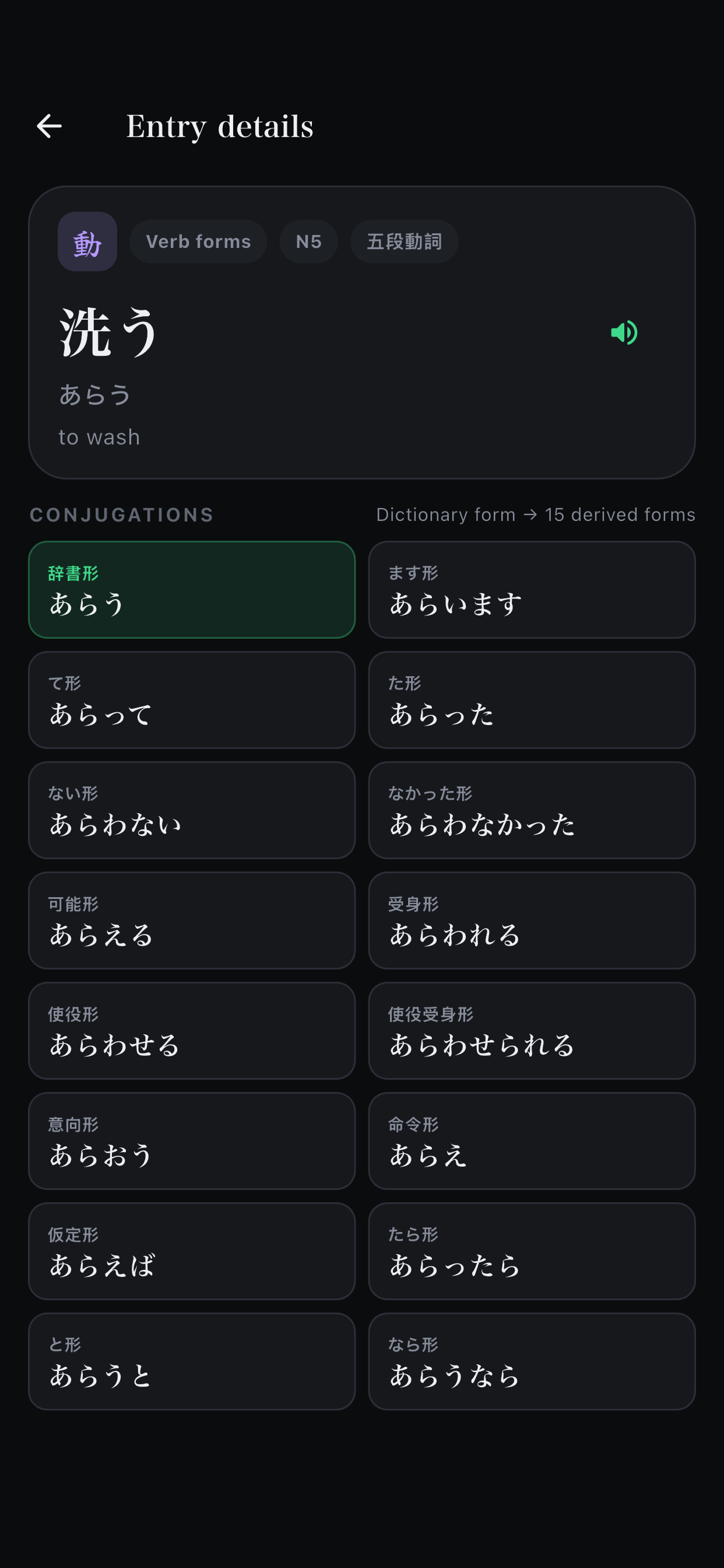 Tokkun verb entry with all conjugated forms